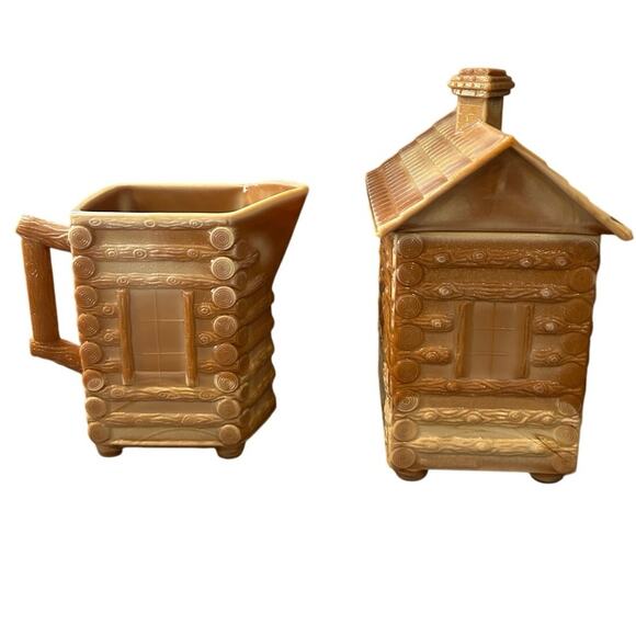 Mosser Glass Log Cabin Creamer Sugar Vintage Chocolate Slag Glass Caramel 1970s - Picture 2 of 9